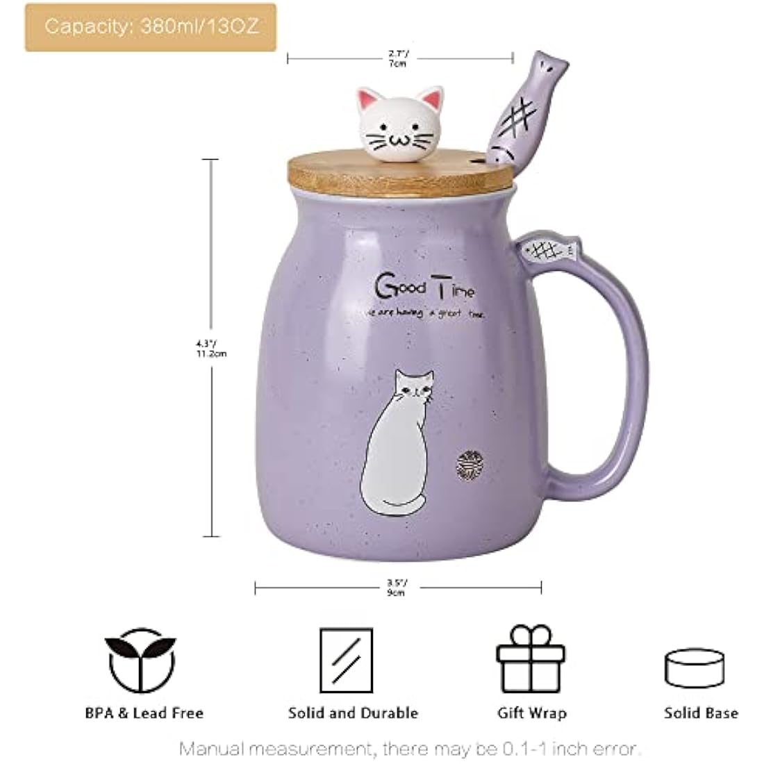 Cute Cat Ceramic Mug Set - 4 Coffee Cups with Lids and Spoons
