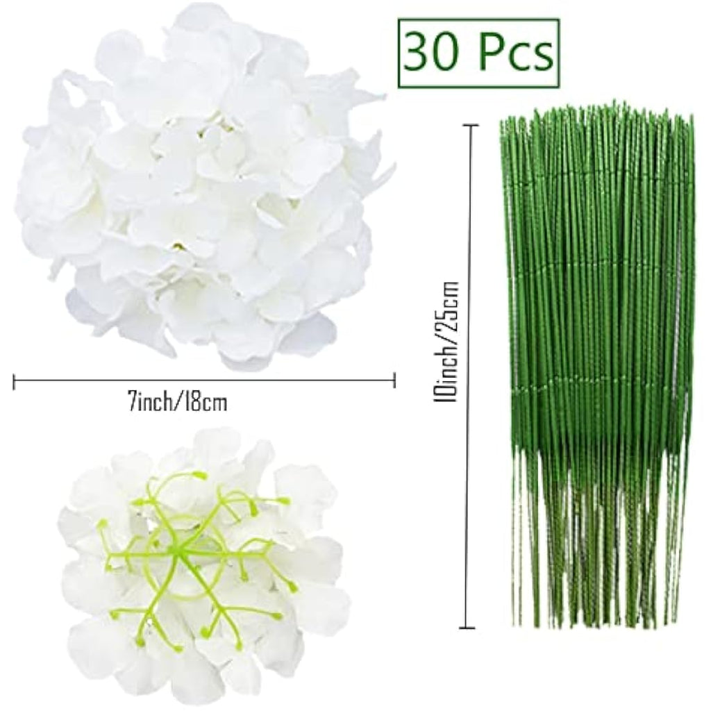 FagusHome 30 Pcs Silk Hydrangea Heads with Stems for Wedding Decor | White