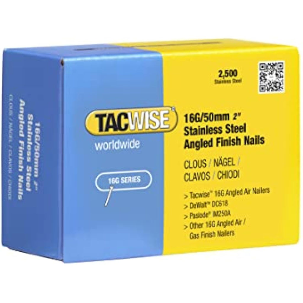Tacwise 16G Stainless Steel Angled Finish Nails, 50mm (1000 Pack)