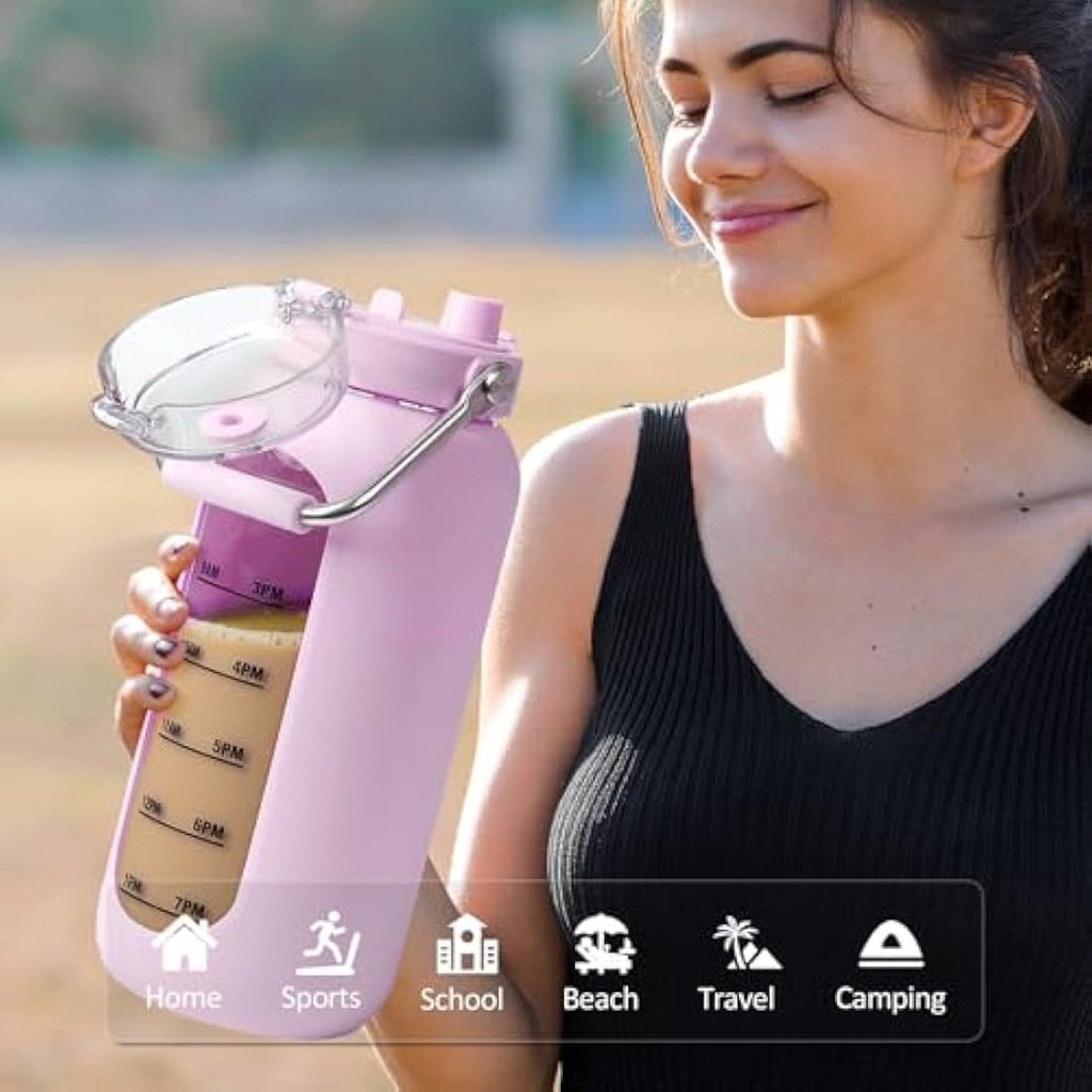 BLUEGO 2L Borosilicate Glass Water Bottle with Time Marker & Straw – Purple