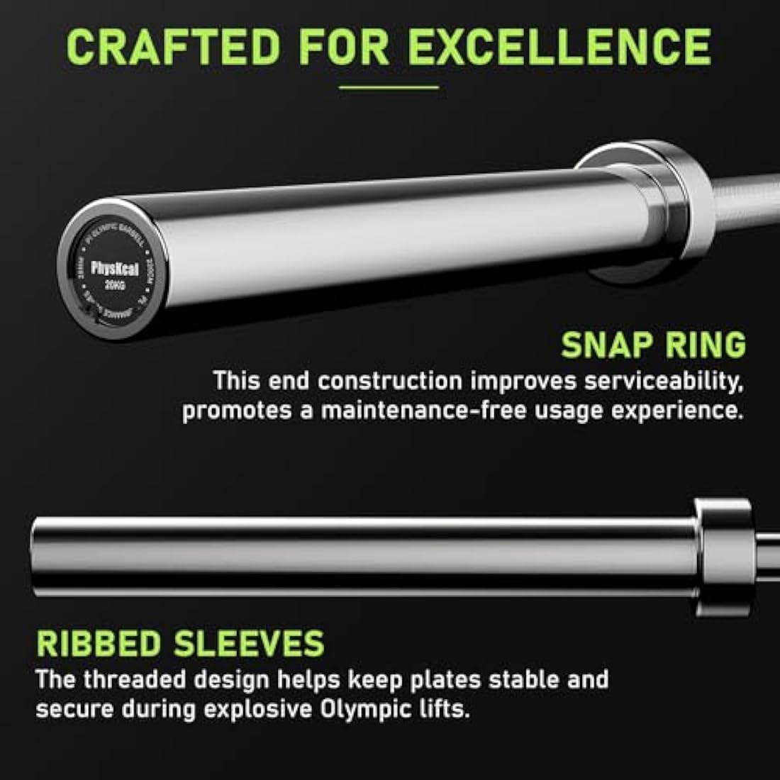 PhysKcal Olympic Barbell - 15kg/20kg Steel Weightlifting & Powerlifting Bar