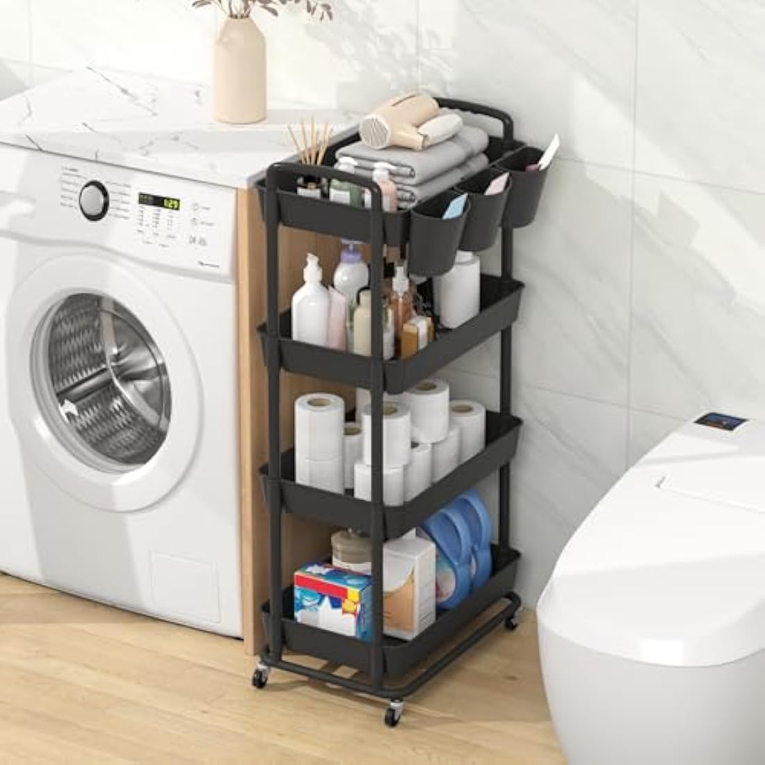 JIUYOTREE 4-Tier Rolling Utility Cart with Handles and Wheels - Black