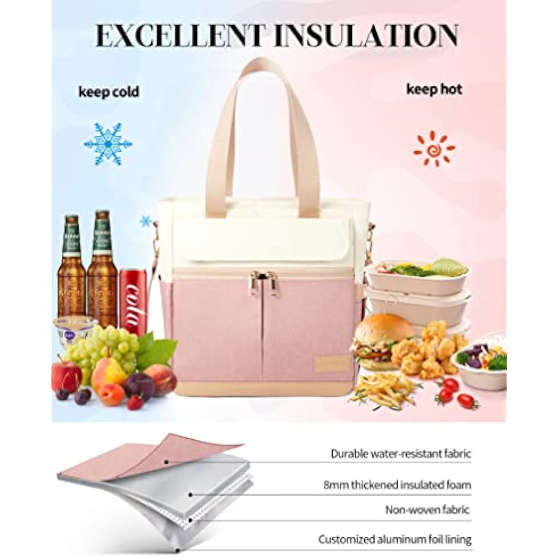 JOYHILL Insulated Lunch Bag - Leakproof Reusable Cooler Tote for Women, Pink