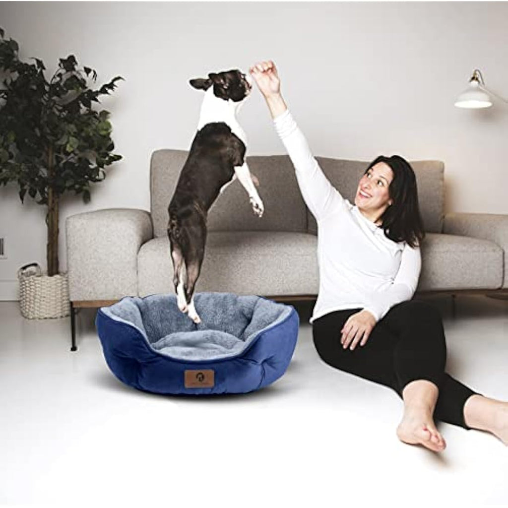 Calming Dog Bed – Round Sherpa Pet Bed, Washable, Blue, 25"