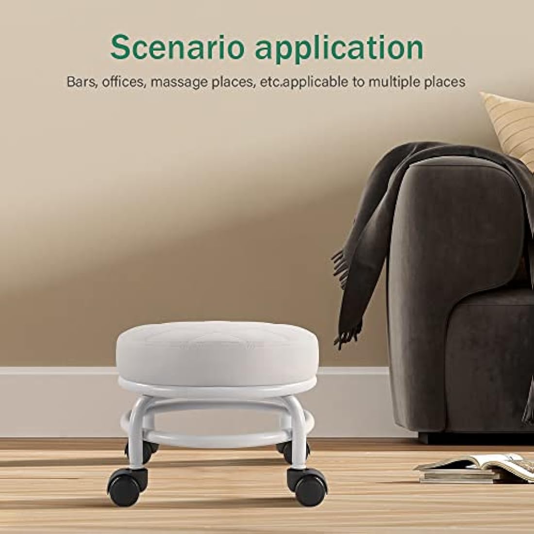 FURWOO Low Rolling Stool - PU Leather Round Swivel Seat with Wheels, White