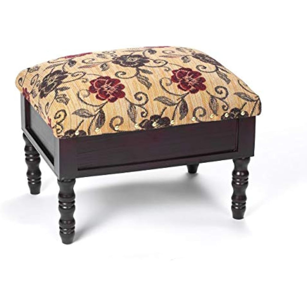 Floral Storage Footstool – Padded Ottoman with Wood Legs