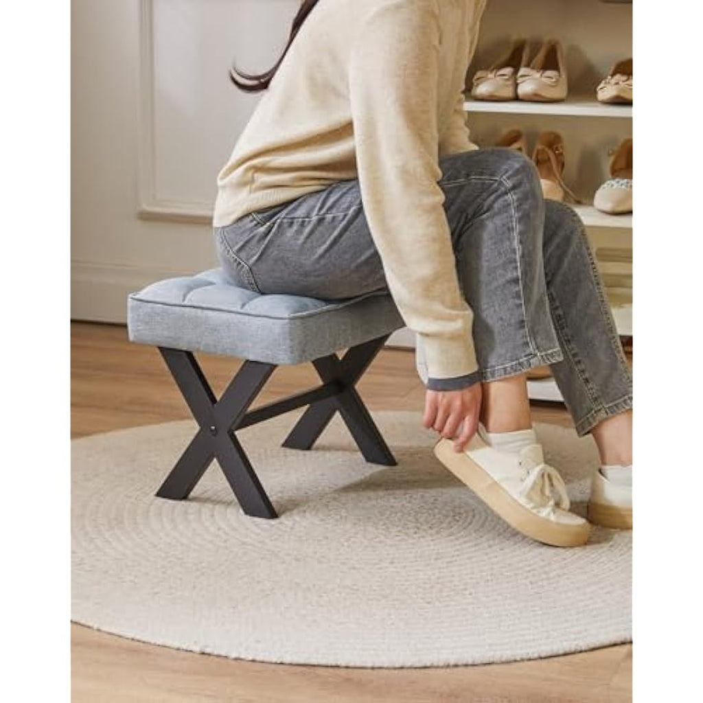 IBUYKE Small Square Linen Footrest Stool | Modern Metal X-Leg Vanity Seat