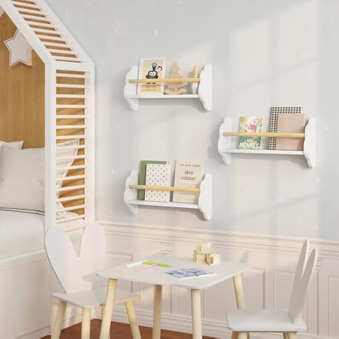 Kids Cloud Floating Shelves - Set of 3 White Wall Bookshelves