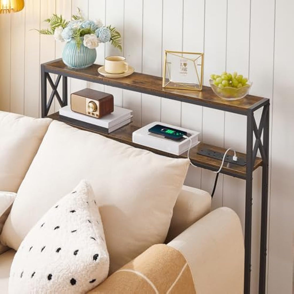 MAHANCRIS Narrow Console Table with Charging Station | Rustic Brown