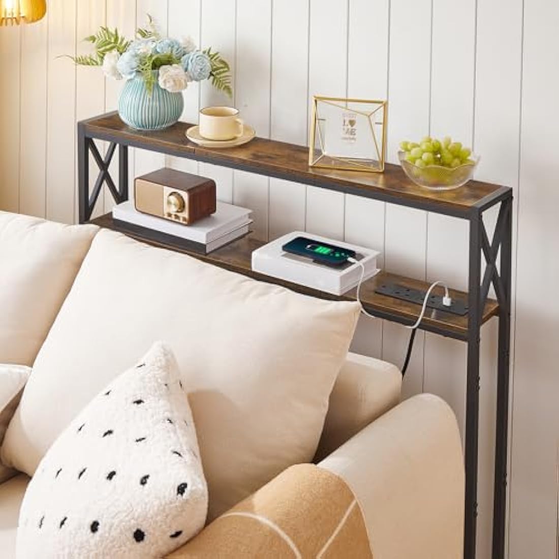 MAHANCRIS Narrow Console Table with Charging Station | Rustic Brown
