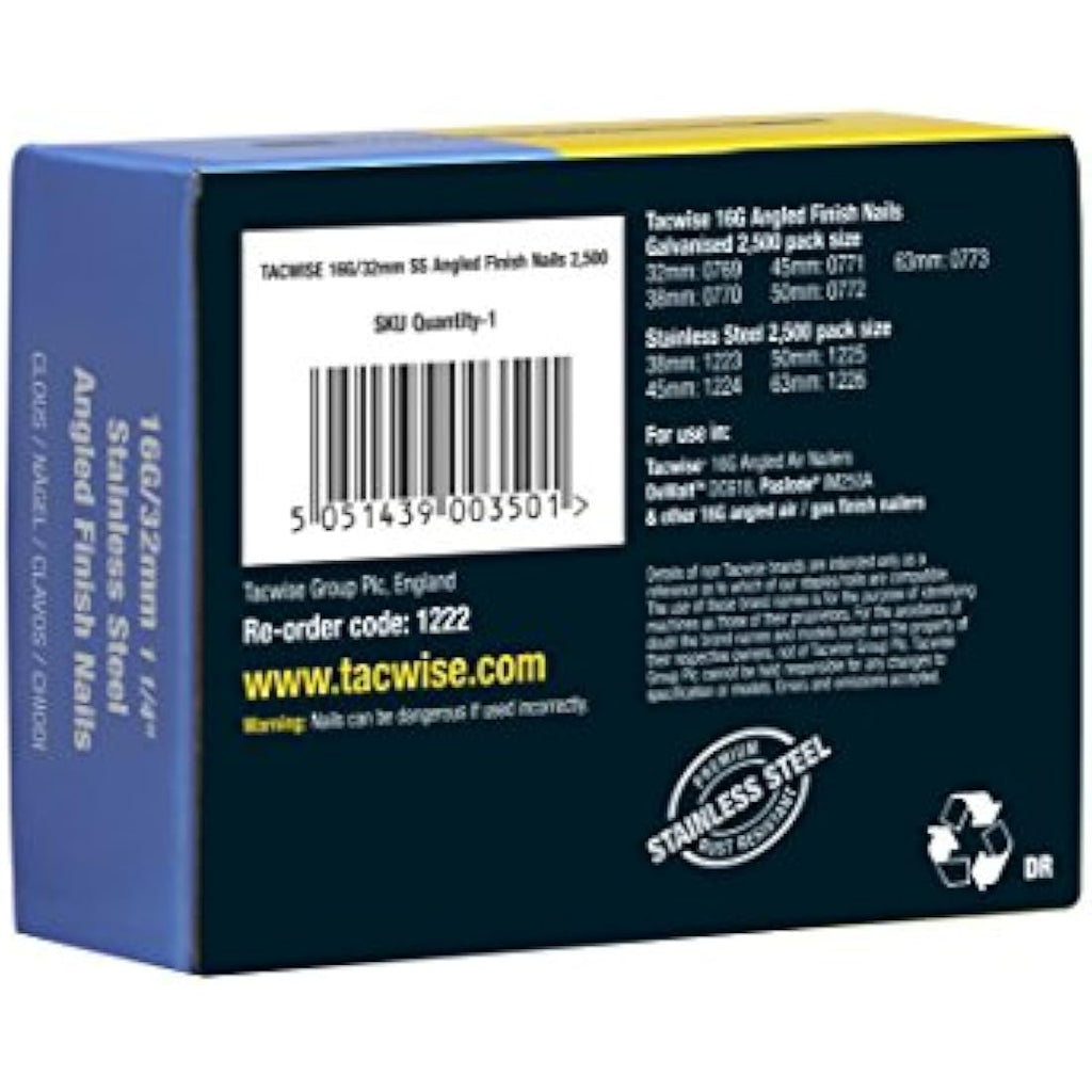 Tacwise 16G 32mm Stainless Steel Angled Finish Nails - 2500 Pack