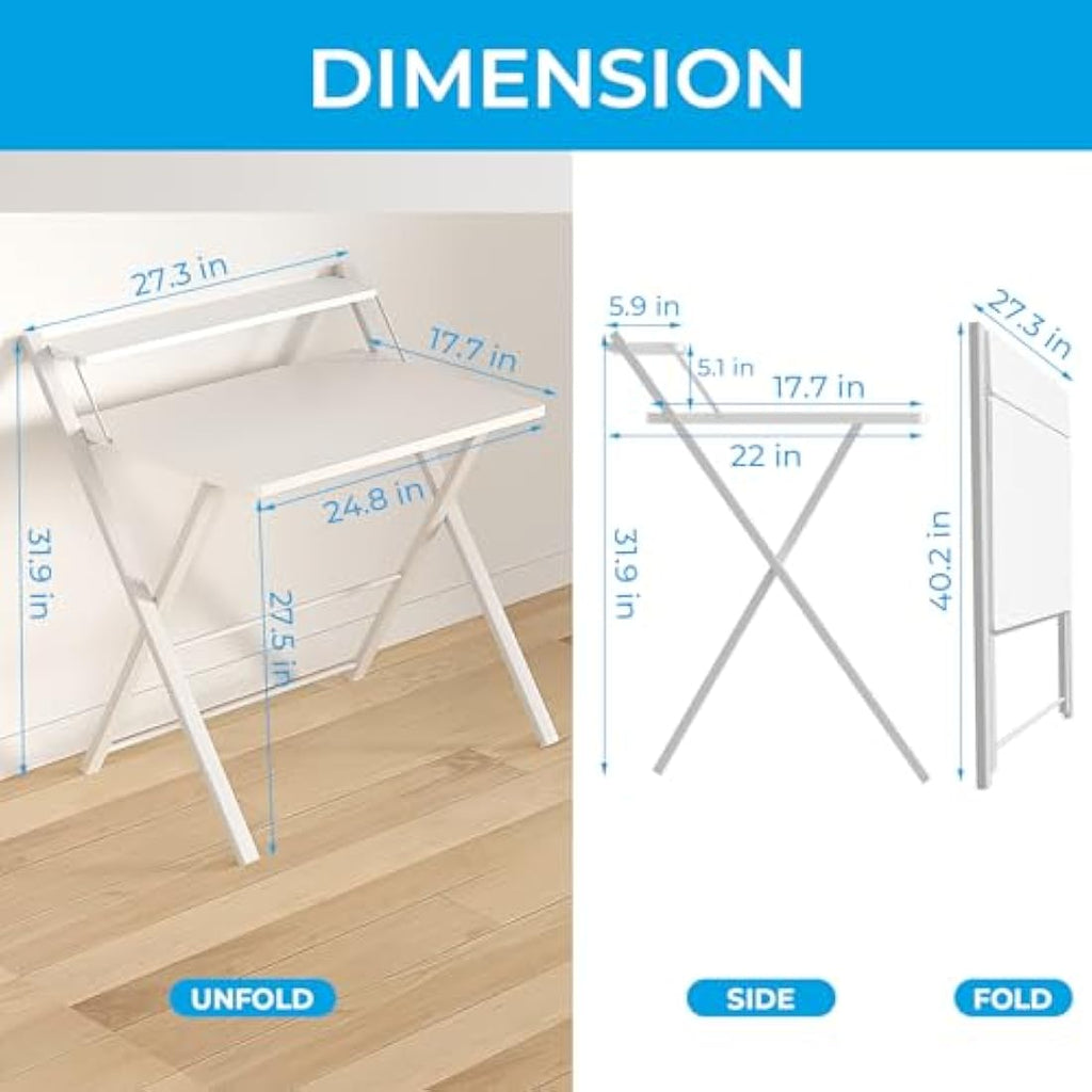 Foldable Computer Desk with Monitor Shelf - White Small Desk