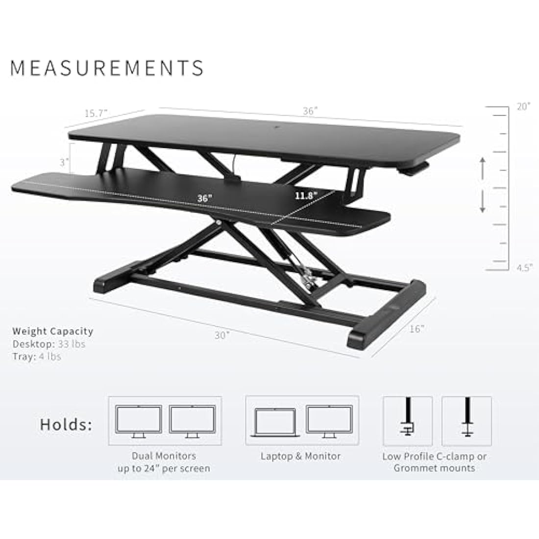 VIVO 91cm Standing Desk Converter | Height Adjustable Dual Monitor Riser