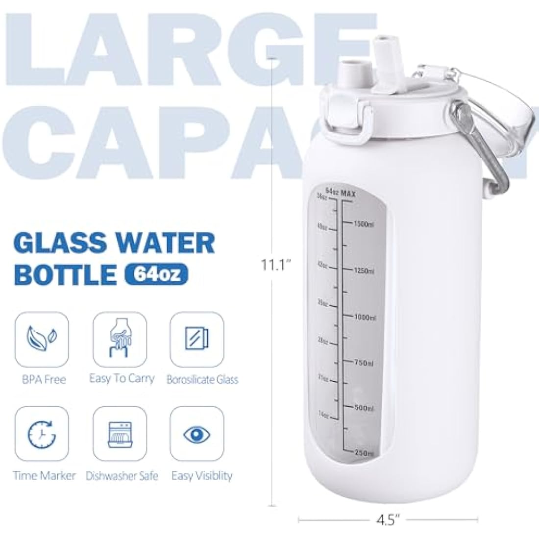 BLUEGO 2L Glass Water Bottle with Time Marker and Straw – White