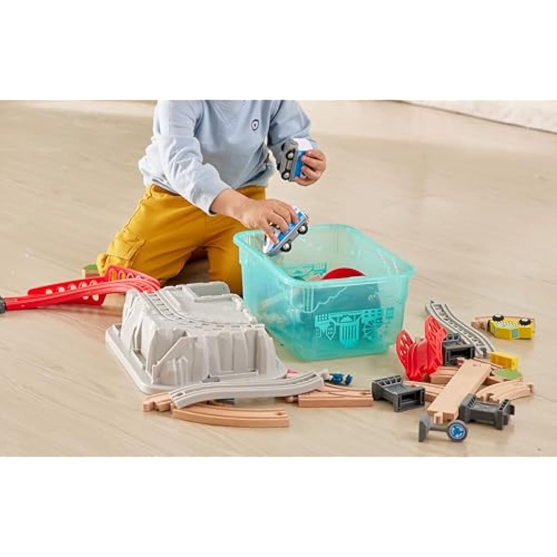 Hape City Railway Wooden Train Set with Storage Box - Ages 3 and Up