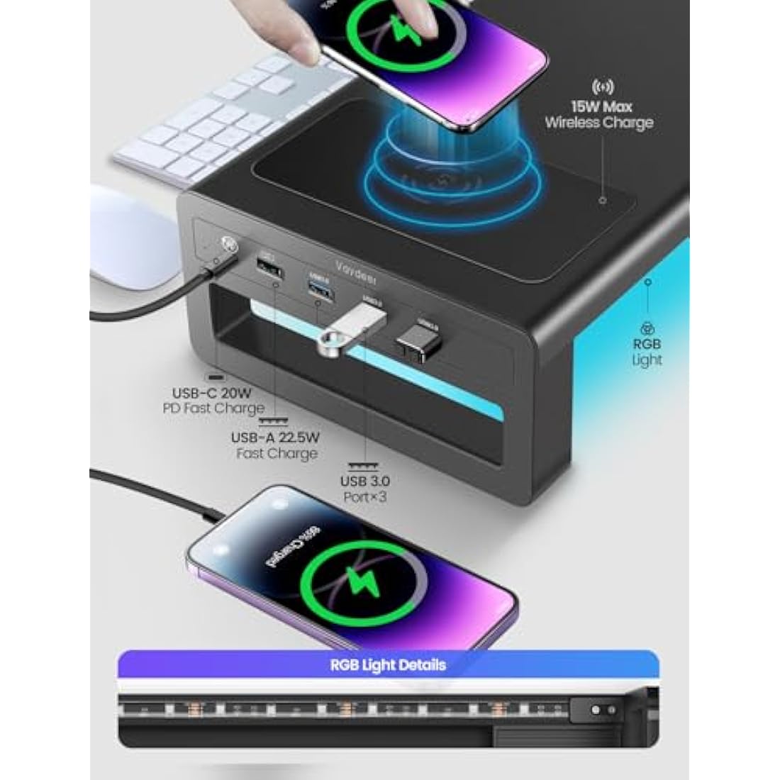 Vaydeer Monitor Stand with Wireless Charging, RGB Metal Riser & USB 3.0