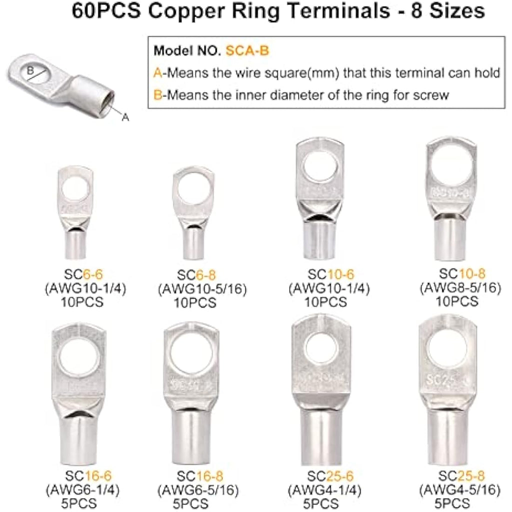 Solsop Battery Cable Crimping Tool Kit with 60PCS Copper Ring Terminals
