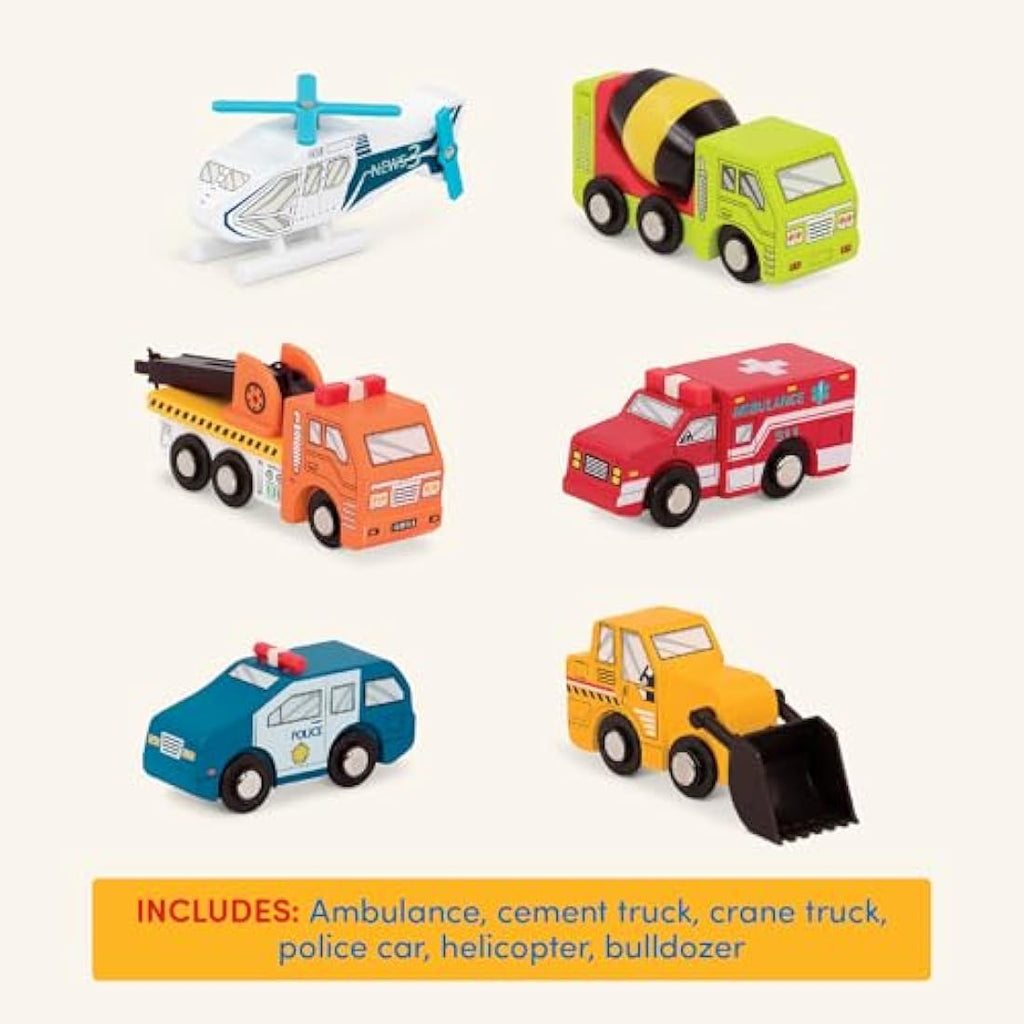 Battat Wooden Toy Vehicles - 6 Piece Rescue & Construction Set for Kids