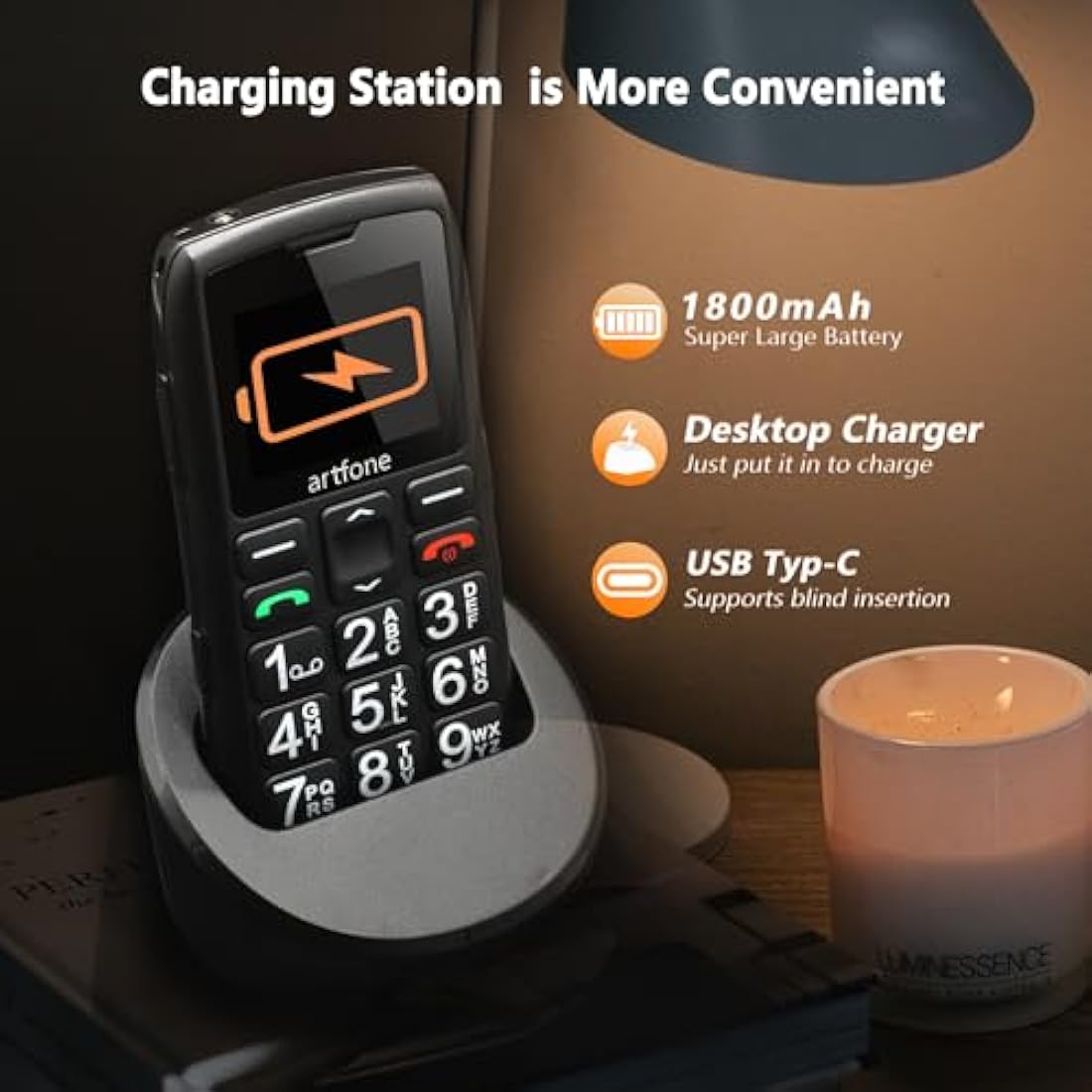 artfone C1+ 4G Big Button Mobile Phone for Seniors with SOS & Charging Dock