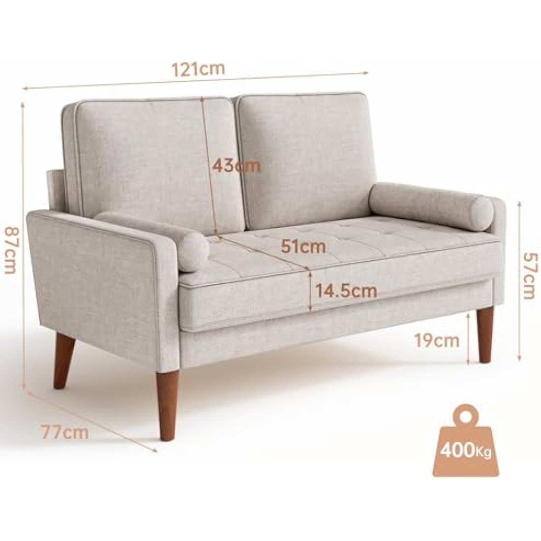 Vesgantti 2 Seater Linen Sofa – Modern Loveseat with Spring Cushion, Ashbeige