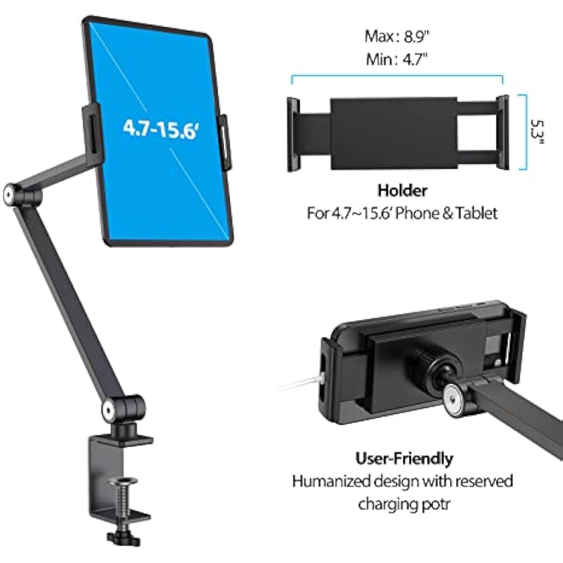 BEWISER Aluminum iPad Desk Mount – Adjustable Tablet Arm for 4.7-15.6" (Grey)