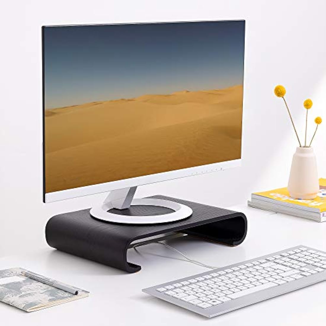 Navaris Oak Wood Monitor Riser – Ergonomic Desktop Stand in Black