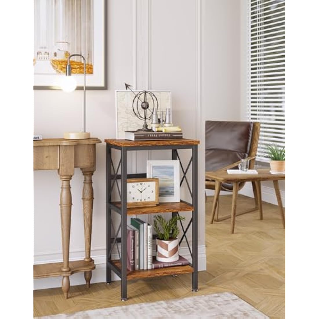 YMYNY 3-Tier Industrial Bookshelf – Rustic Brown Microwave Rack