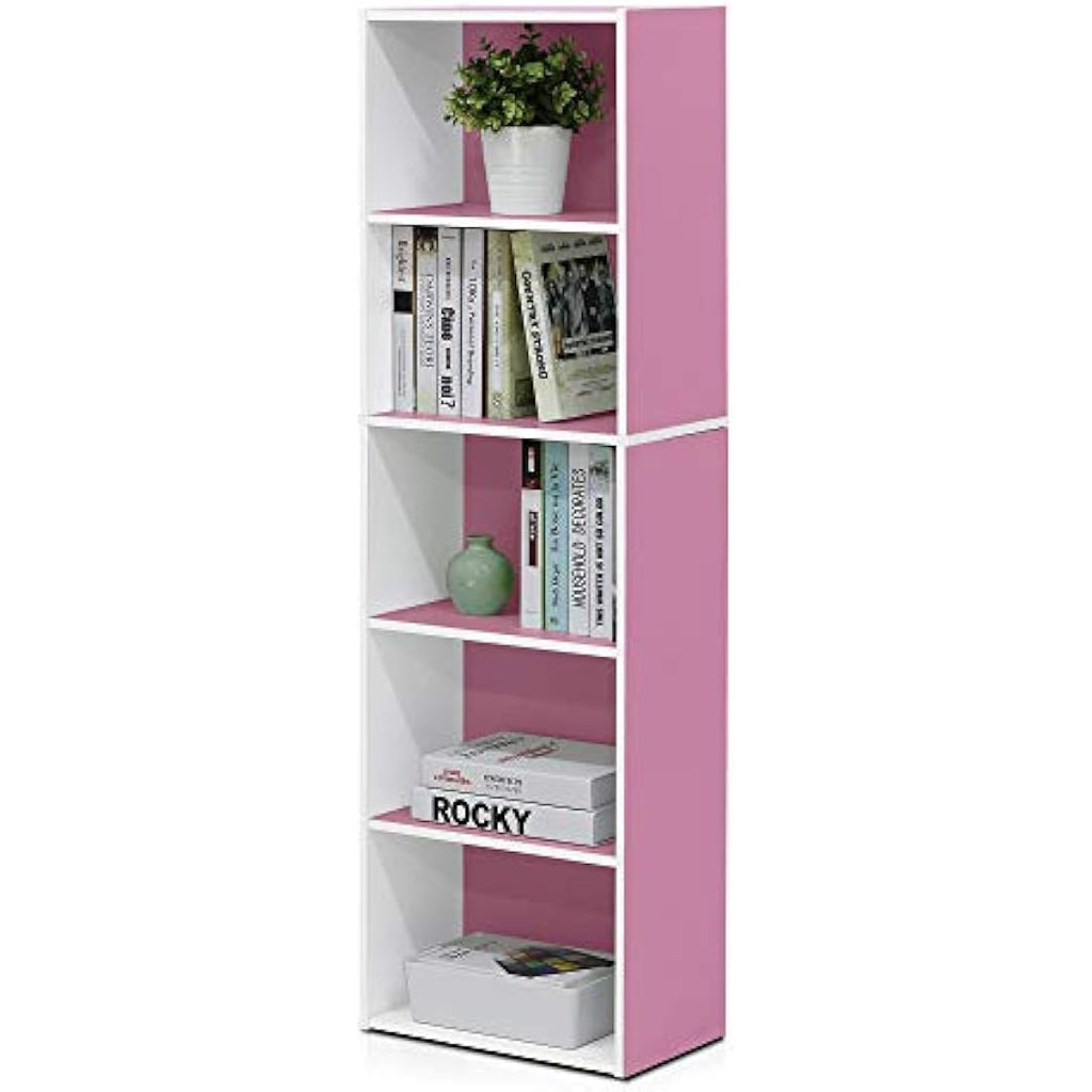 Furinno Luder 5-Tier Engineered Wood Open Shelf Bookcase, White/Pink