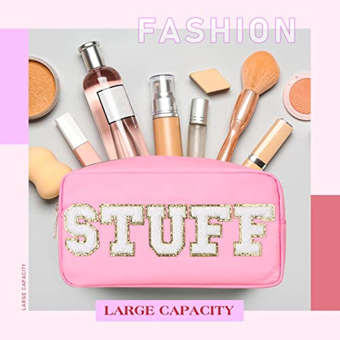 Jolof Store 4-Piece Preppy Nylon Makeup Bag Set with Chenille Patches