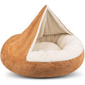 MICOOYO Hooded Donut Dog Bed – Calming Faux Fur Cave Bed, Wheat, Large