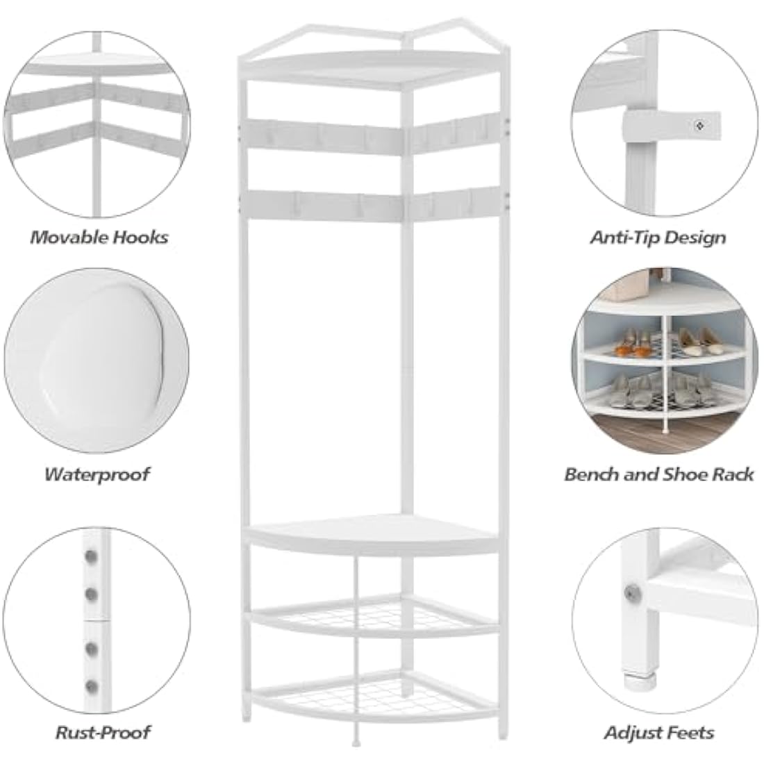 VEDECASA Corner Coat Rack with Shoe Bench | 4-Tier Hallway Organizer