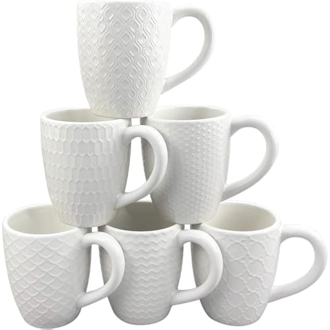 Hoikwo Bone China Coffee Mugs Set of 6 – 13oz White Embossed Cups