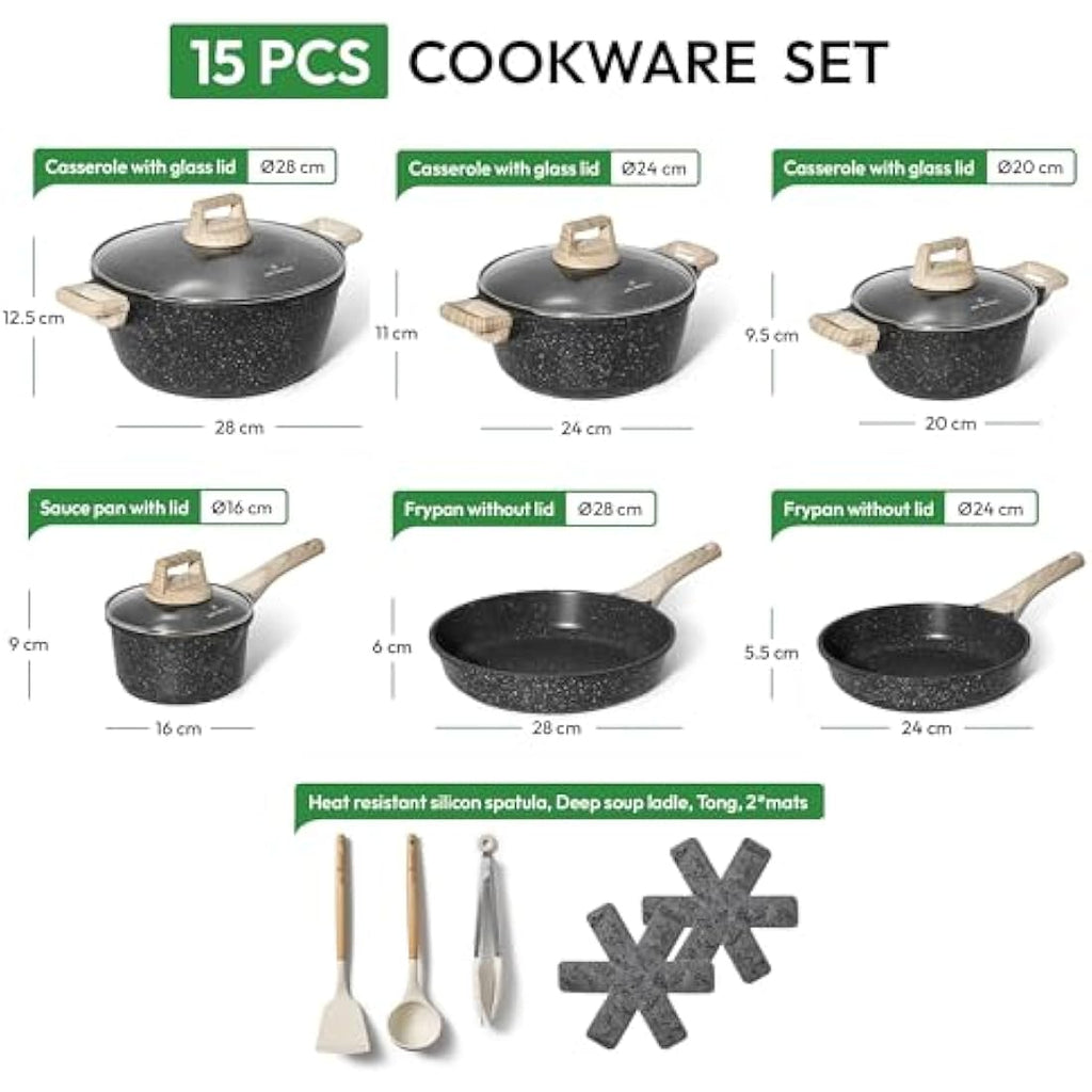 Just Perfecto 15-Piece Non-Stick Granite Cookware Set for Induction