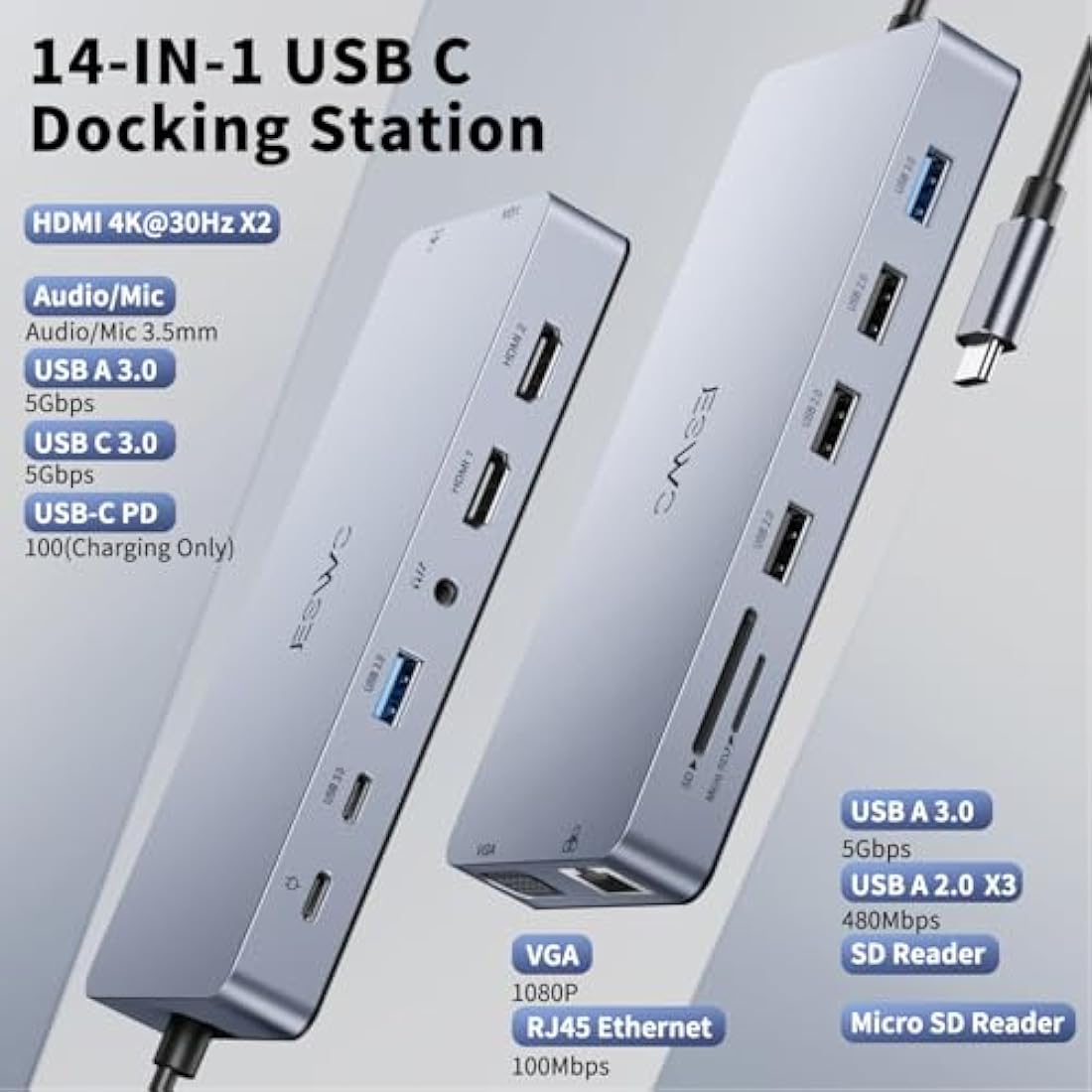 JESWO 14-in-1 USB C Docking Station – Dual Monitor 4K HDMI & VGA Hub