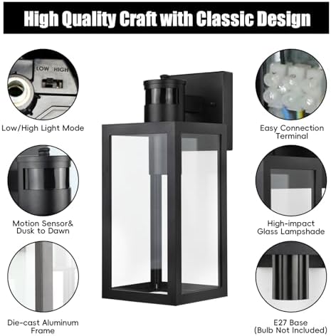 Aranzyec Motion Sensor Outdoor Wall Lights | 2-Pack Dusk to Dawn Sconce