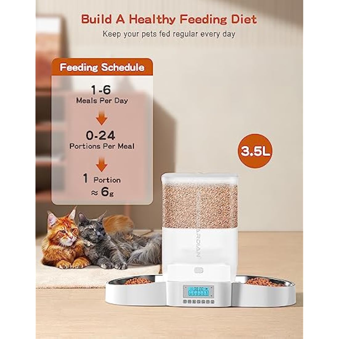 HoneyGuaridan Automatic Cat Feeder for 2 Cats | 3.5L Dual Food Dispenser