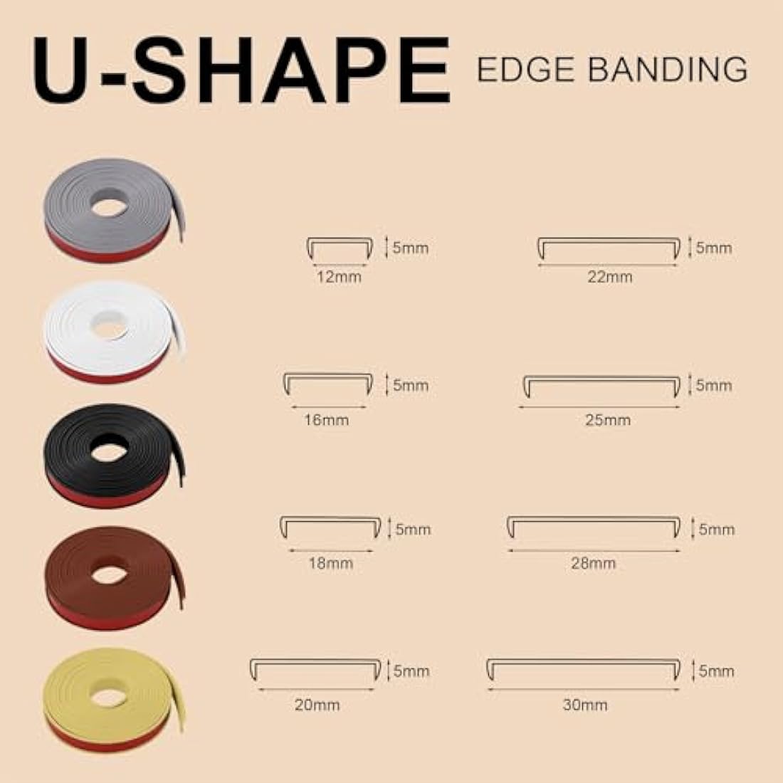 Flintronic 5m x 16mm U-Shape Flexible TPE Furniture Edge Banding