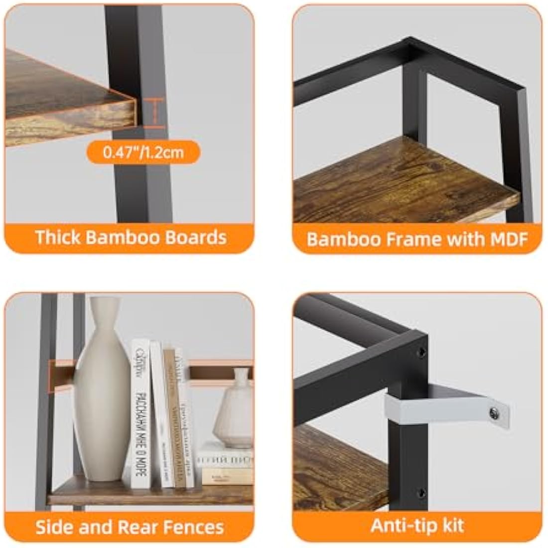 HITNET 4-Tier Ladder Shelf | Bamboo Frame Bookshelf in Rustic Brown