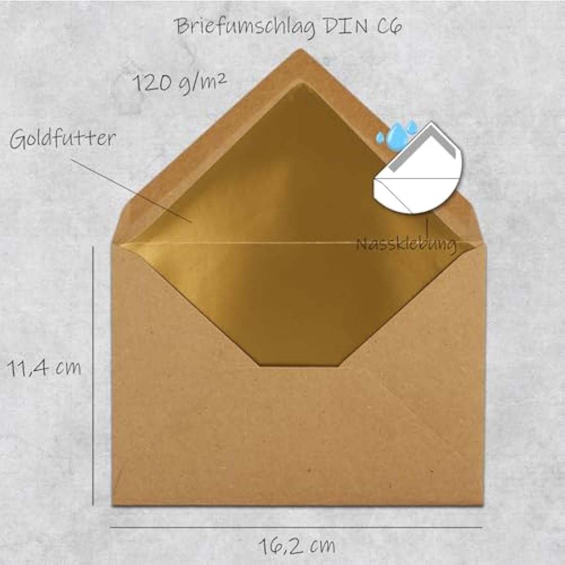 Gustav Neuser C6 Envelopes – Brown Kraft Paper with Gold Metallic Lining