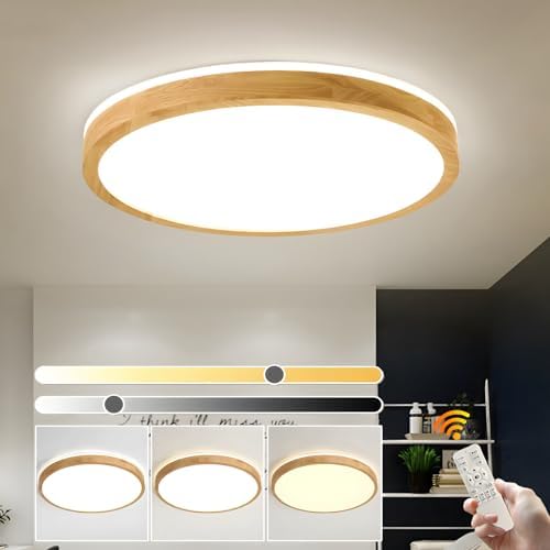 YYUTLUO Round Wood LED Ceiling Light – 48W Dimmable Flush Mount Lamp 60cm