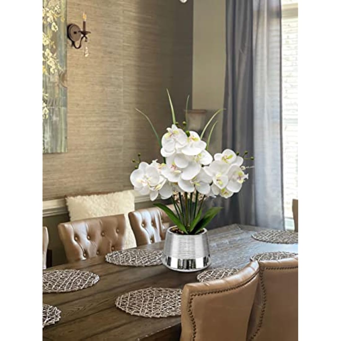 Oairse White Artificial Orchid in Silver Pot – 40cm Real Touch Silk Plant