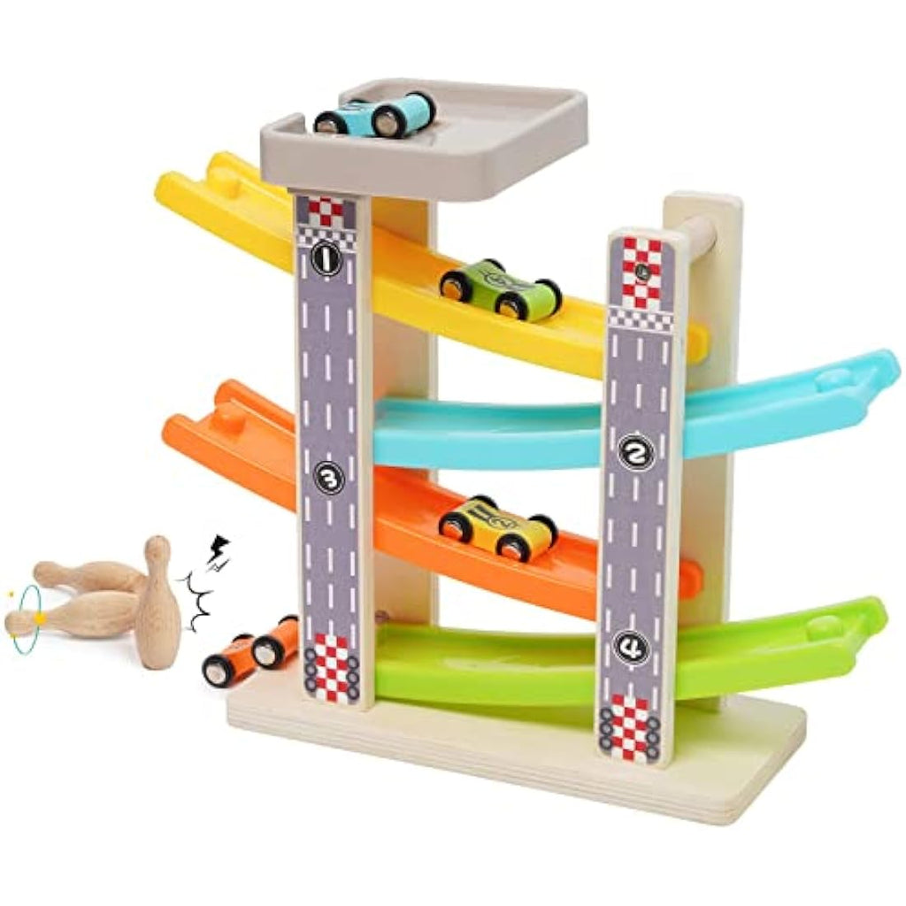 Wooden Car Ramp Race Track – Montessori Toy with 4 Cars