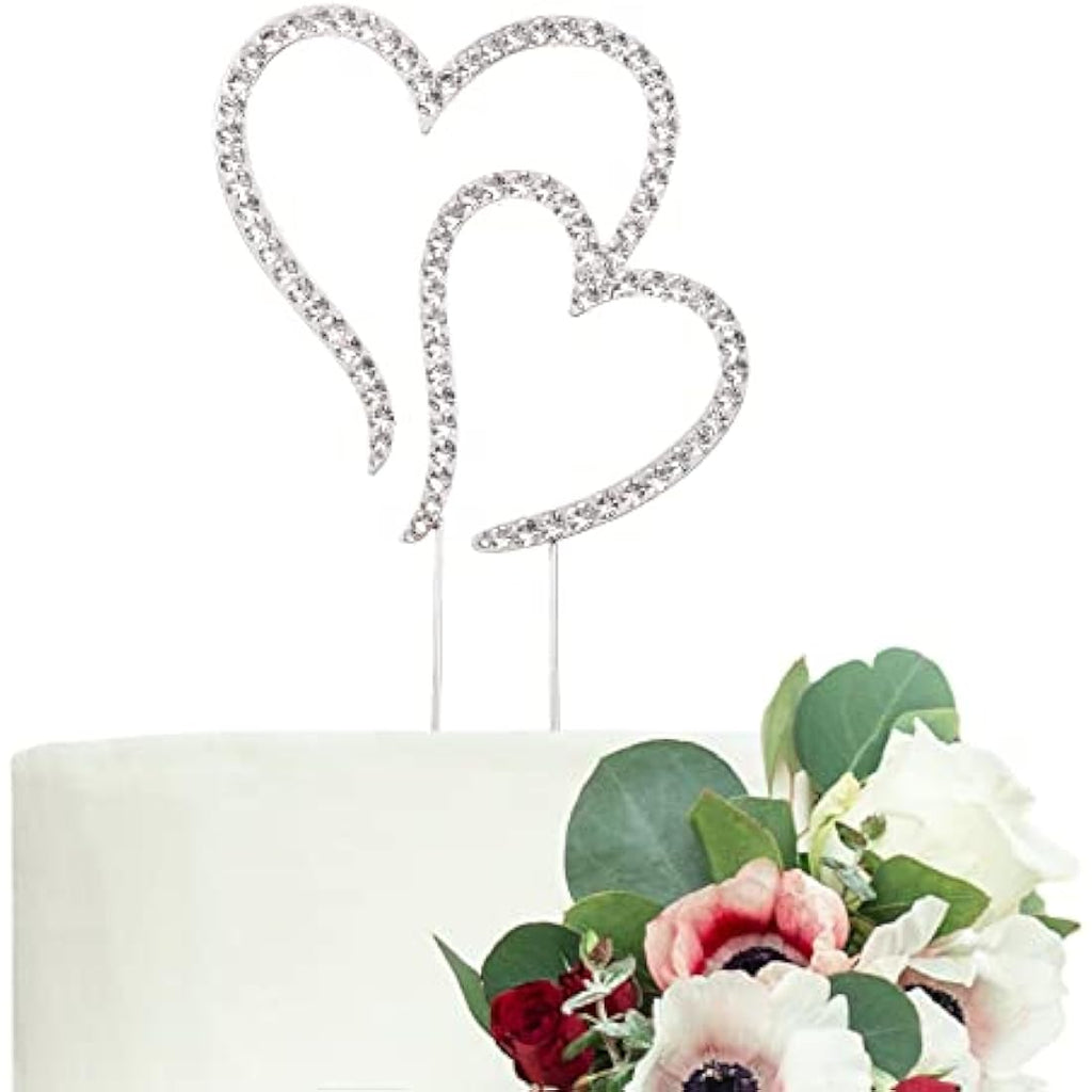 LOVENJOY Double Heart Wedding Cake Topper | Silver Crystal Rhinestone
