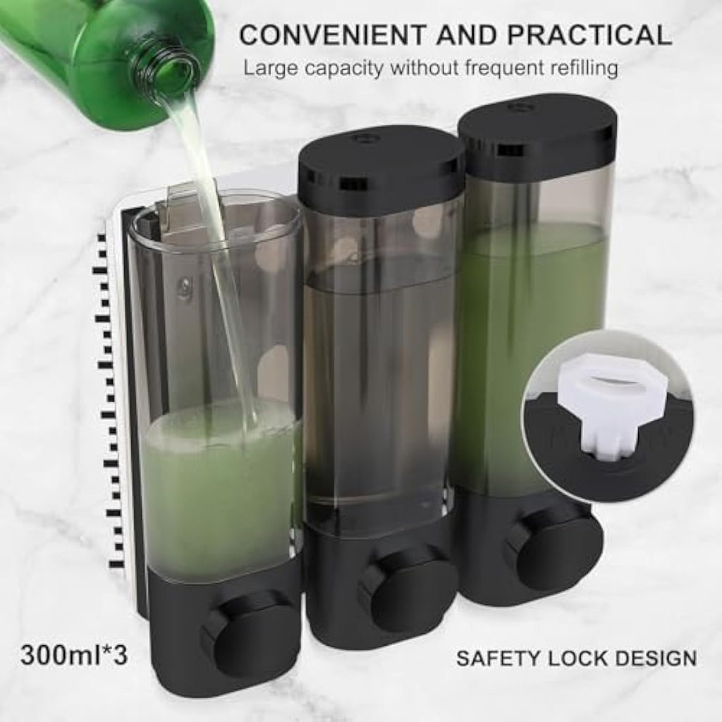 3-Chamber Wall Mount Soap Dispenser – No Drill Black ABS