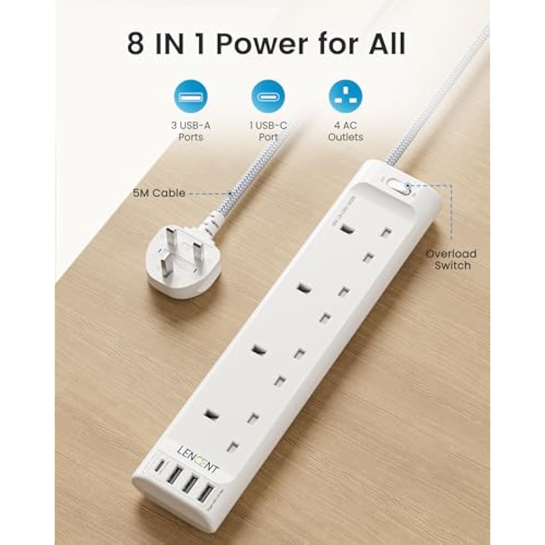 LENCENT 5M Extension Lead – 4 Way Power Strip with 4 USB Ports