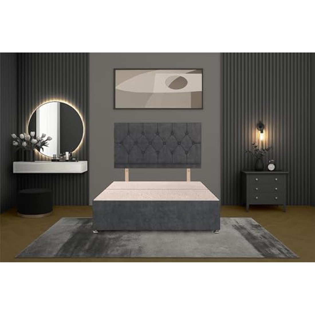 Bed Centre Charcoal Plush Fabric Divan Base & Headboard - Small Double 4ft