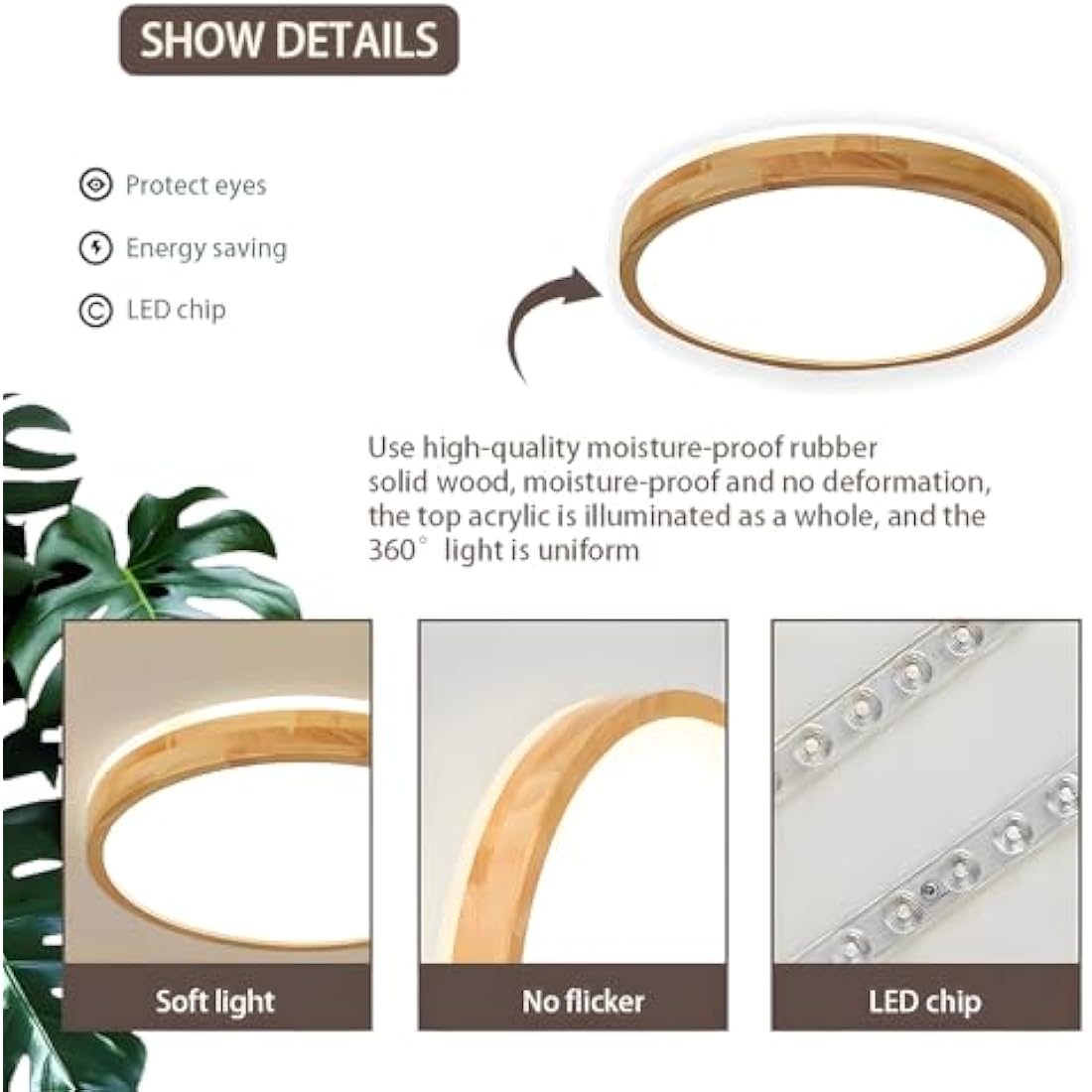 WayLuoung Round Wood LED Ceiling Light | 30W Dimmable with Remote Control