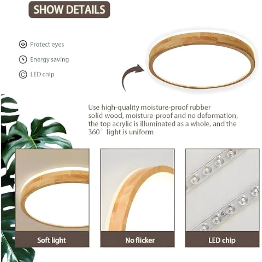 WayLuoung Round Wood LED Ceiling Light | 36W Dimmable with Remote Control