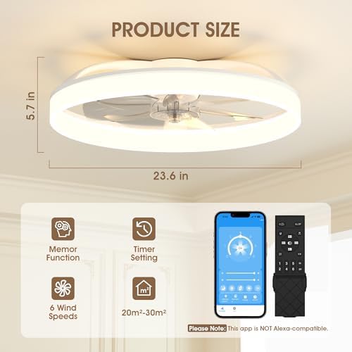 NIORSUN 60cm Smart LED Ceiling Fan with Remote | 6-Speed Dimmable White