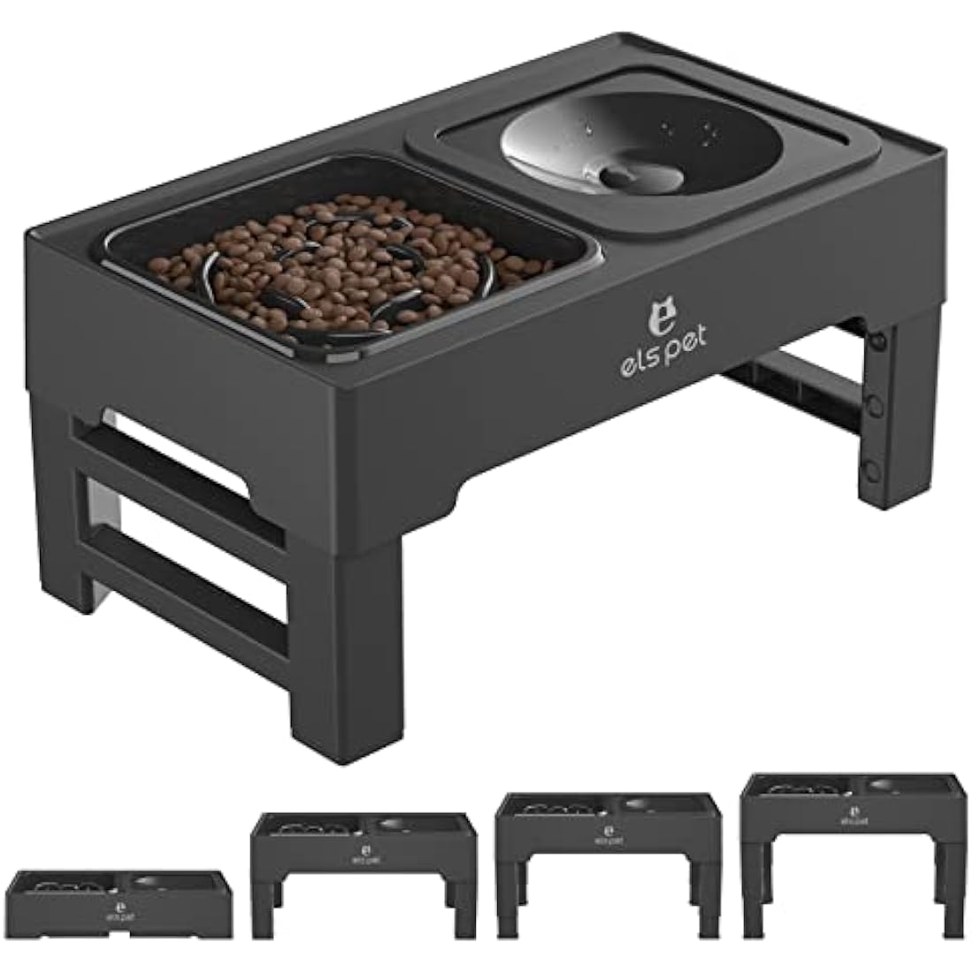 ELS PET Elevated Dog Bowl | 4 Height Adjustable Slow Feeder & No-Spill Water